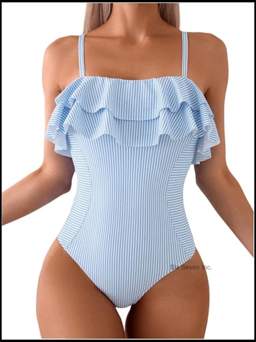 Striped Print Ruffle Trim One Piece Swimsuit Monokini